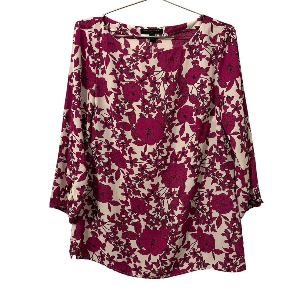 Banana Republic White Violet Floral Print 3/4 Sleeve Blouse S